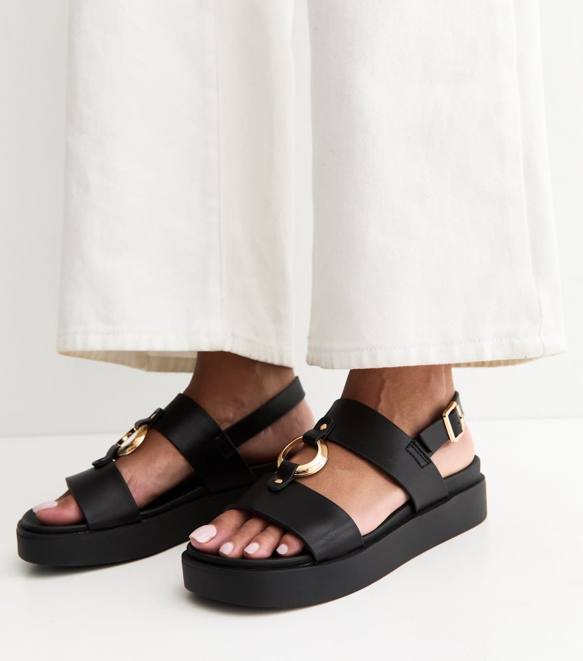 New Look Women's Black Faux Leather Hardware Detail Flatform Sandals Vegan New Look