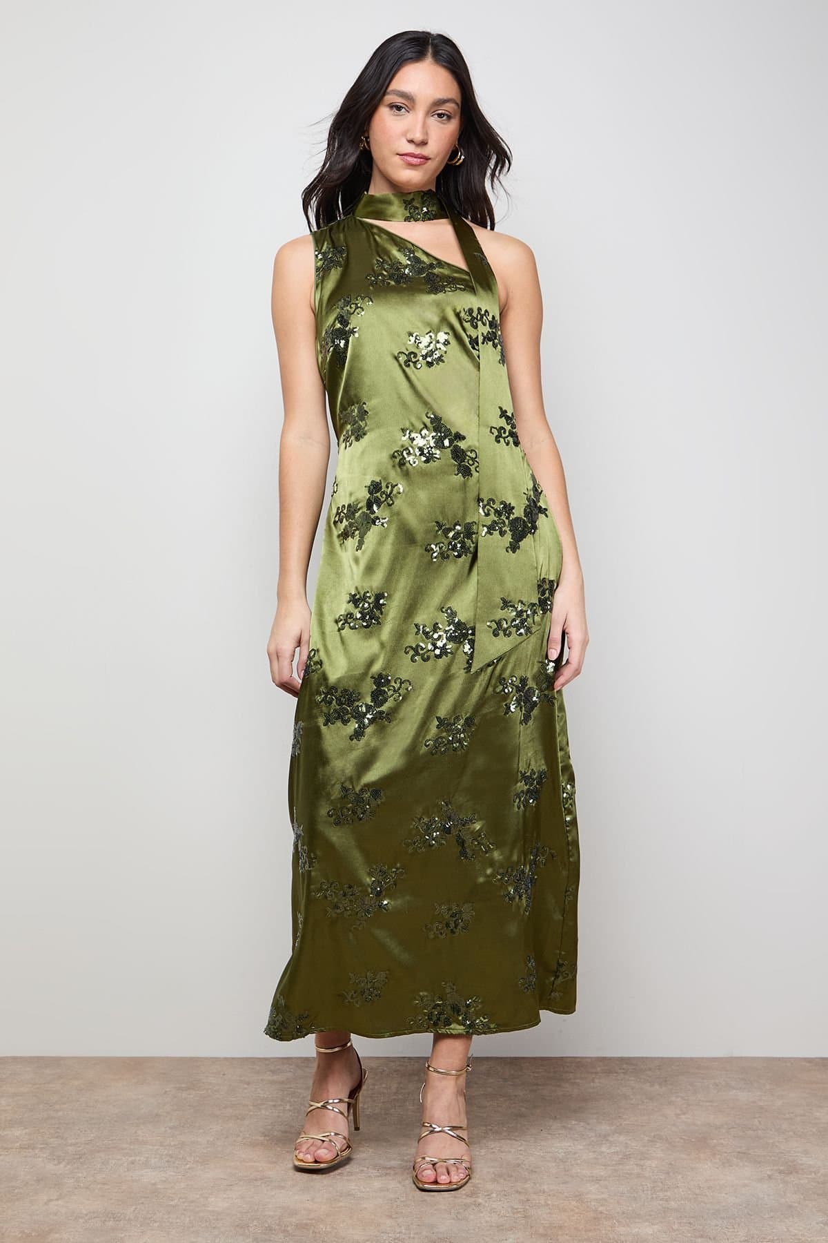 Oasis Oasis Women's Sequin Satin Tie Neck Midi Slip Dress in Olive