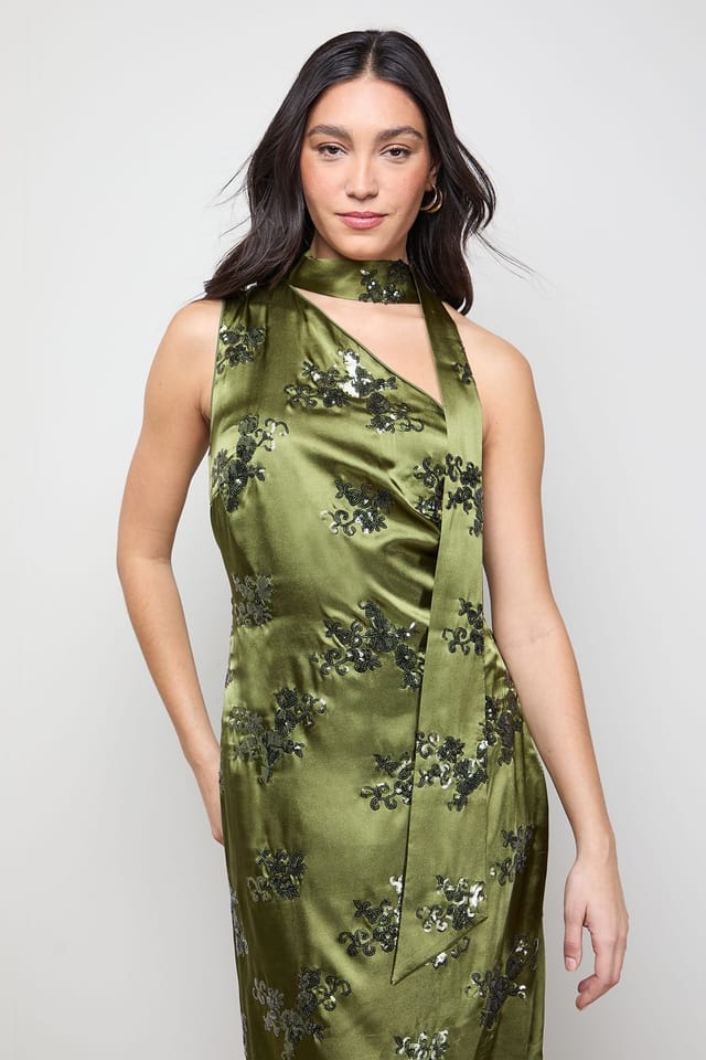 Oasis Oasis Women's Sequin Satin Tie Neck Midi Slip Dress in Olive - 2