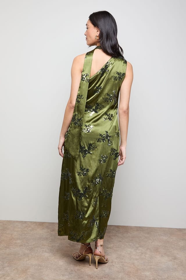 Oasis Oasis Women's Sequin Satin Tie Neck Midi Slip Dress in Olive - 3