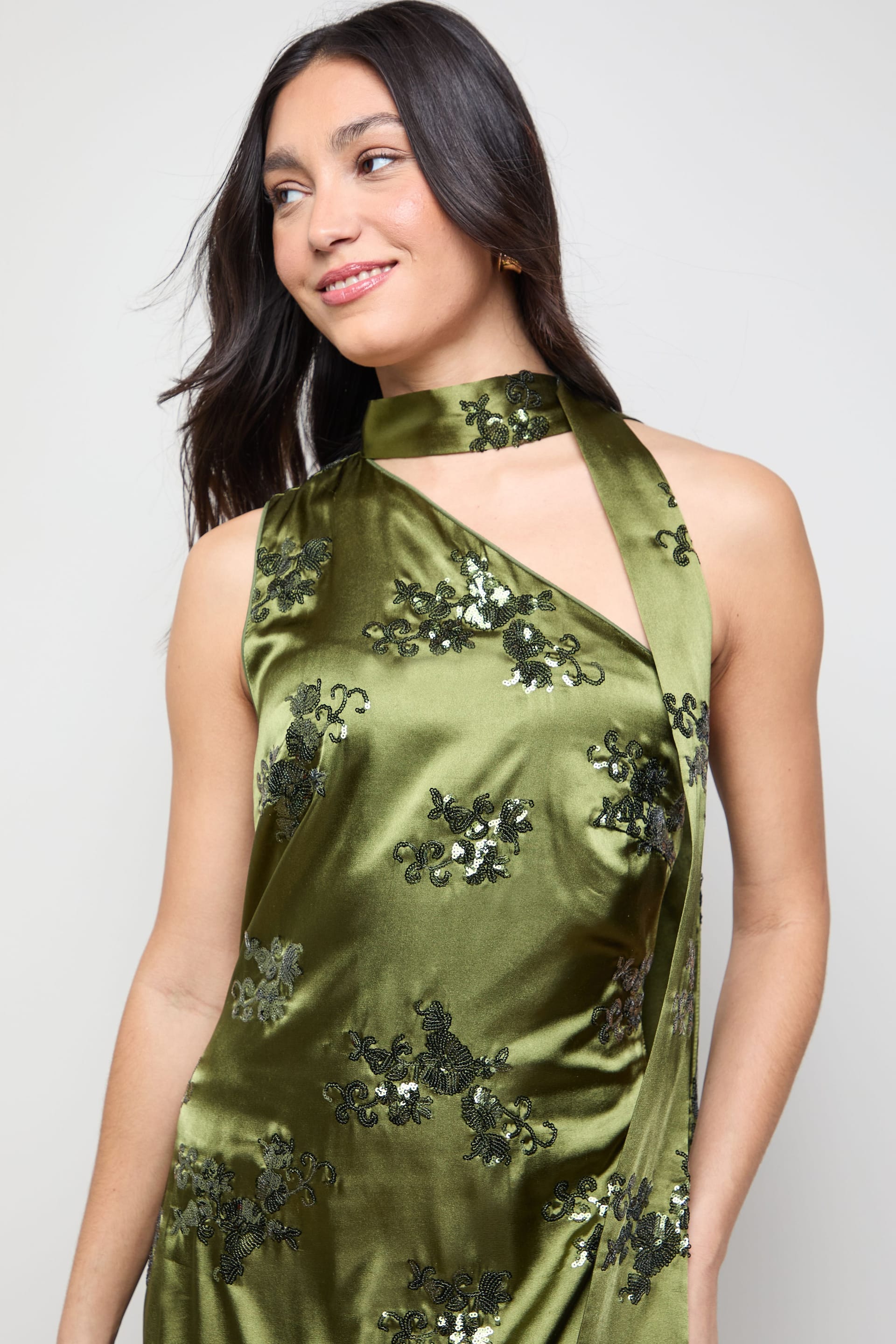 Oasis Oasis Women's Sequin Satin Tie Neck Midi Slip Dress in Olive - 4