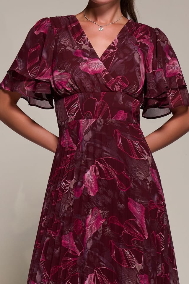 Jolie Moi Jolie Moi Women's Angel Sleeve Pleated Chiffon Midi Dress in Burgundy - 3