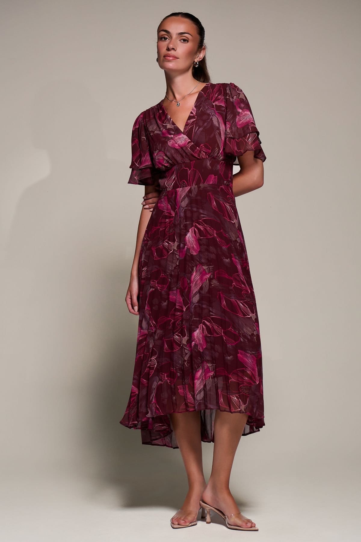 Jolie Moi Jolie Moi Women's Angel Sleeve Pleated Chiffon Midi Dress in Burgundy - 4