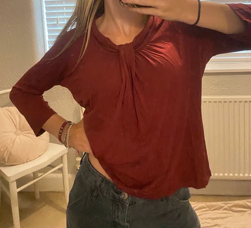 LK Bennett LK Bennett London burgandy slouchy quarter sleeve top with ruched neck detail