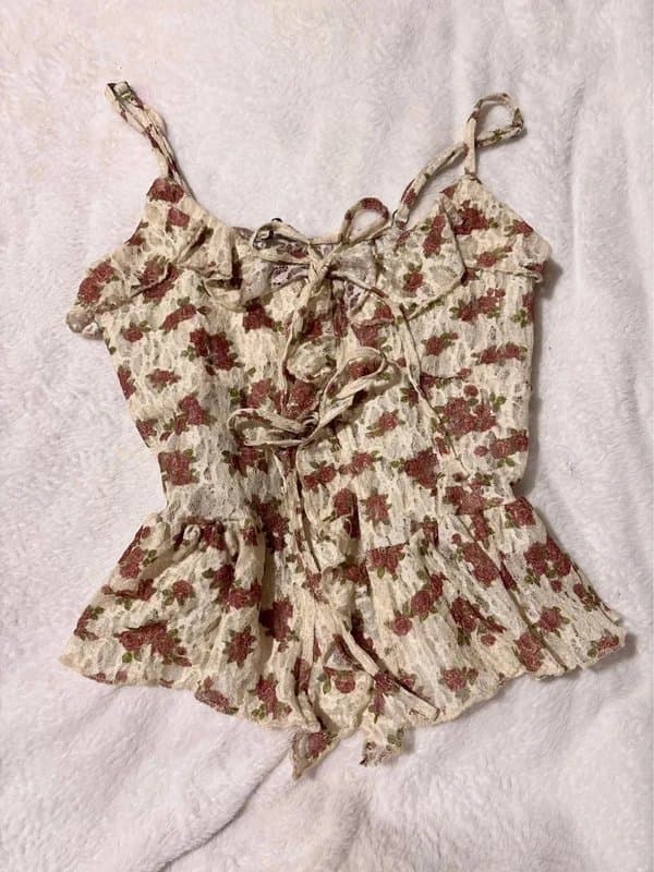 COQUETTE coquette white and pink lace floral tie front cami top 12 14