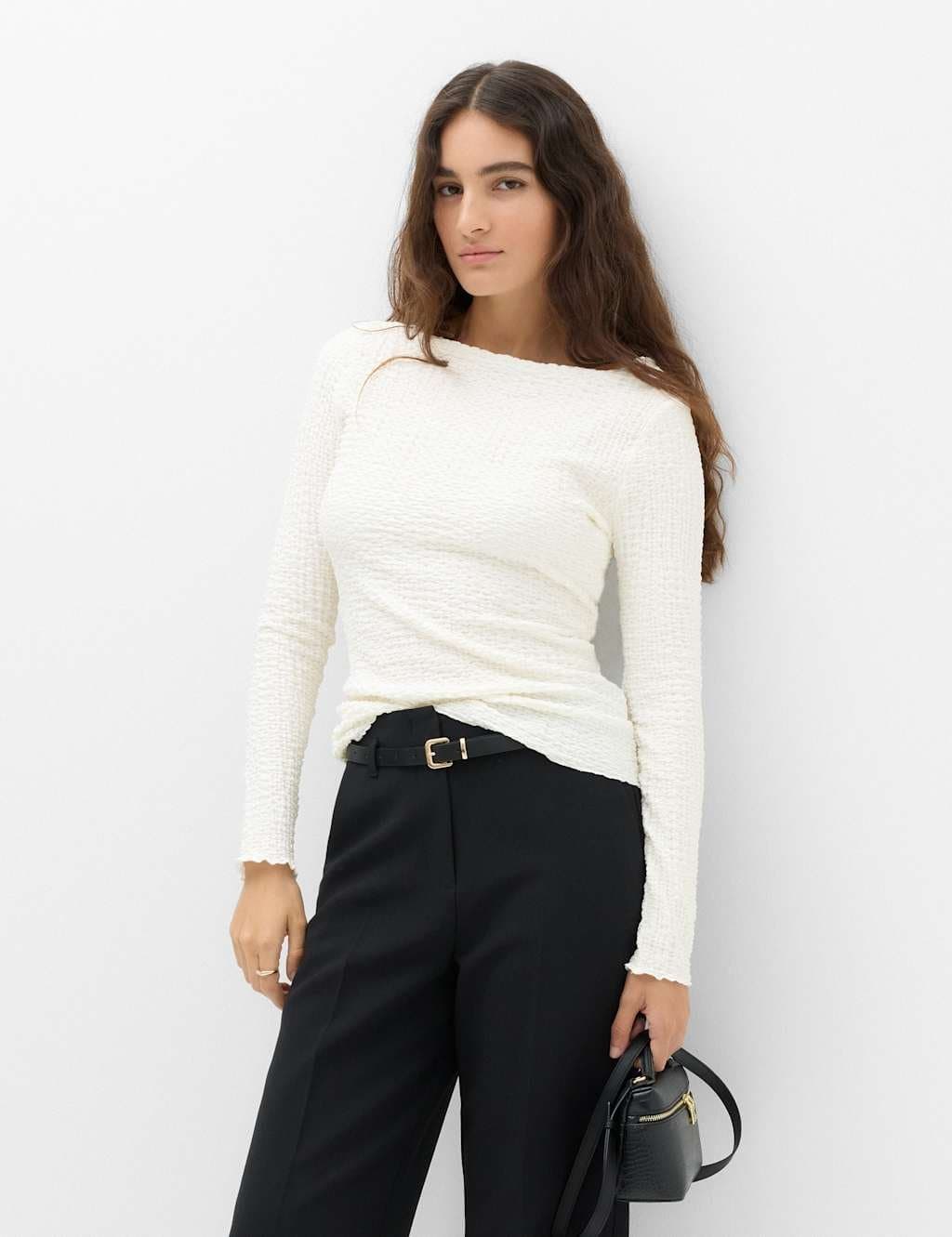 Marks & Spencer M&S Slash Neck Textured Long Sleeve Top Light Cream