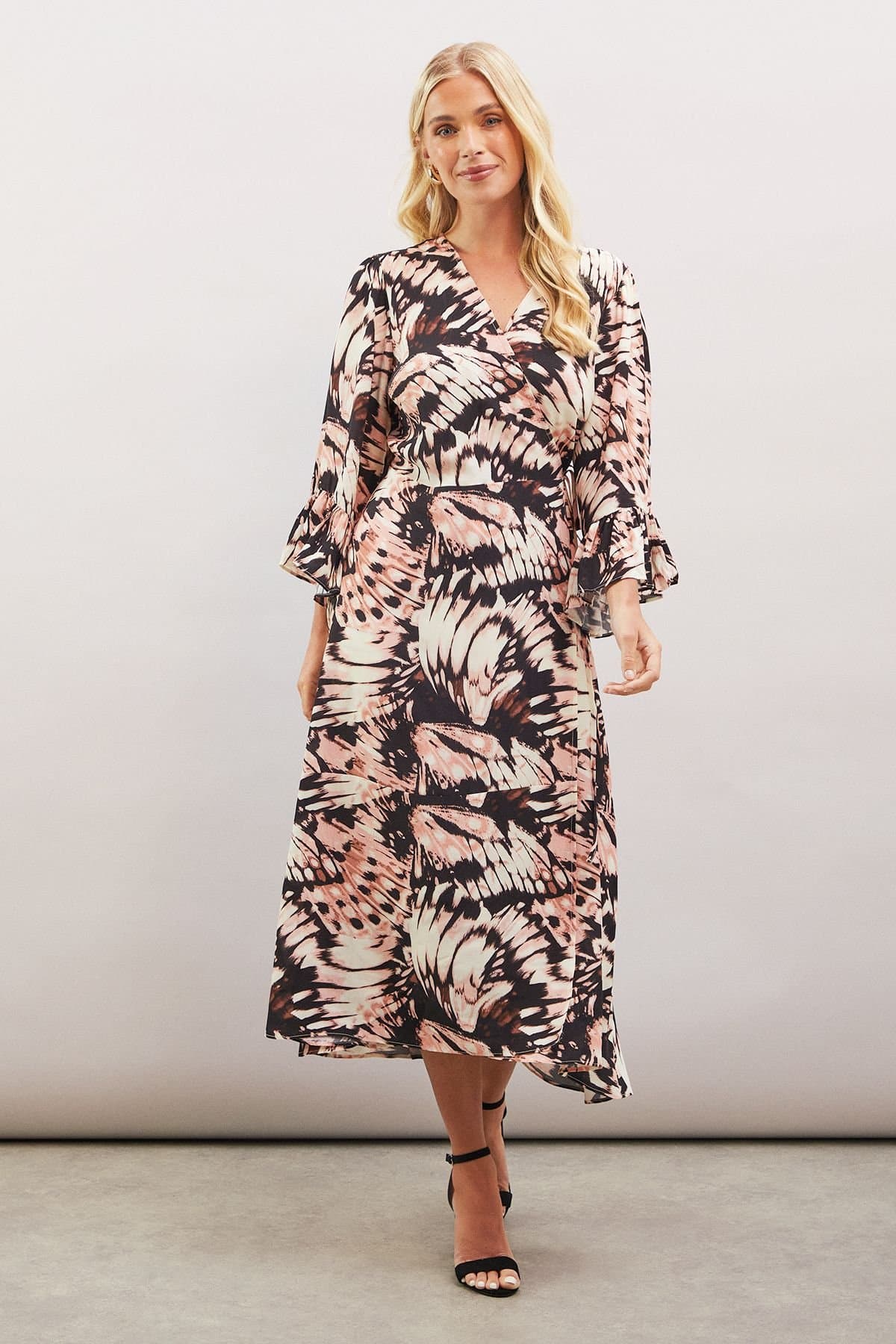Wallis Wallis Women's Petite Butterfly Print Viscose Wrap Dress in Natural