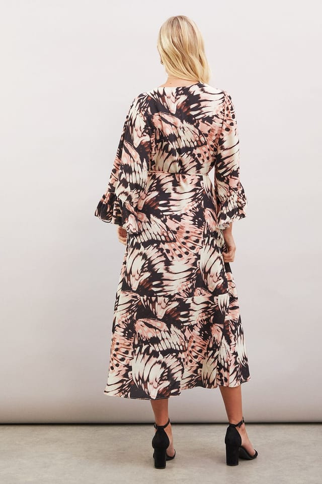 Wallis Wallis Women's Petite Butterfly Print Viscose Wrap Dress in Natural - 3