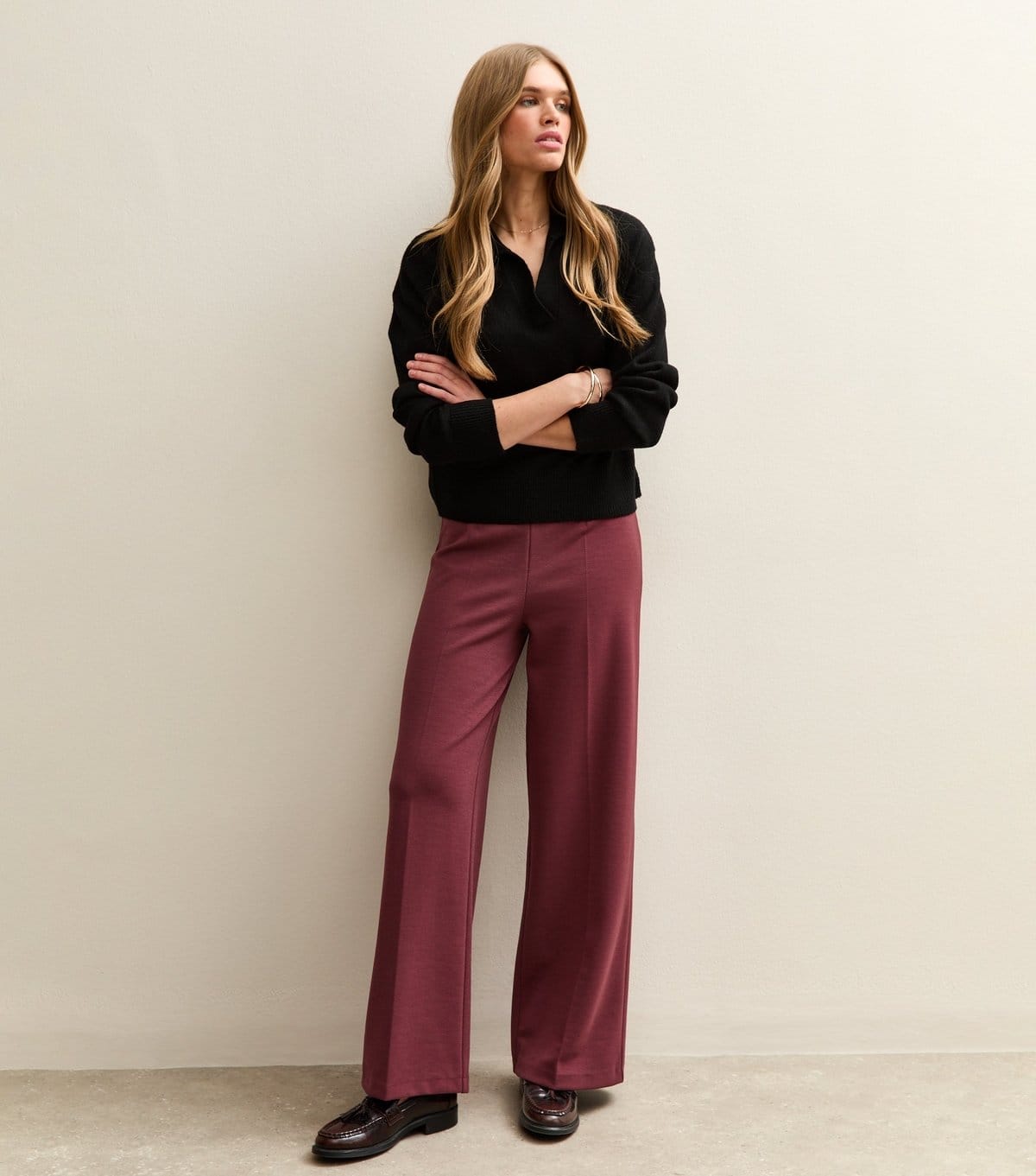 New Look Burgundy Jersey Wide Leg Trousers
