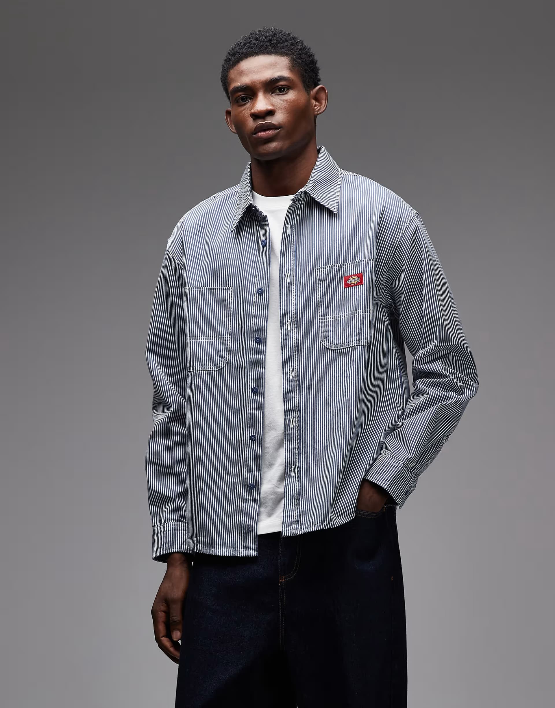 ASOS Dickies Hickory striped long sleeve work shirt in blue