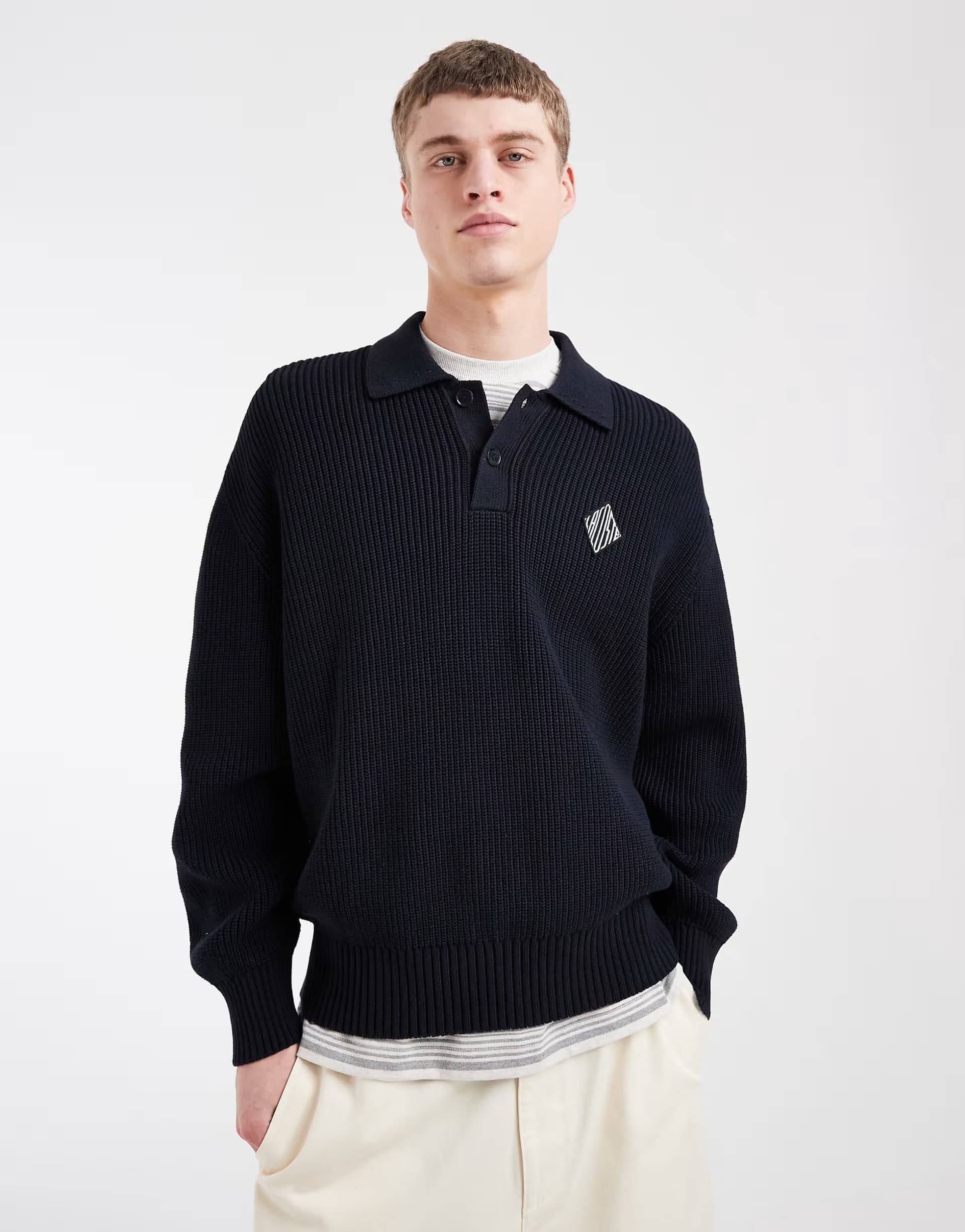 ASOS Lacoste diamond logo knitted polo jumper in black