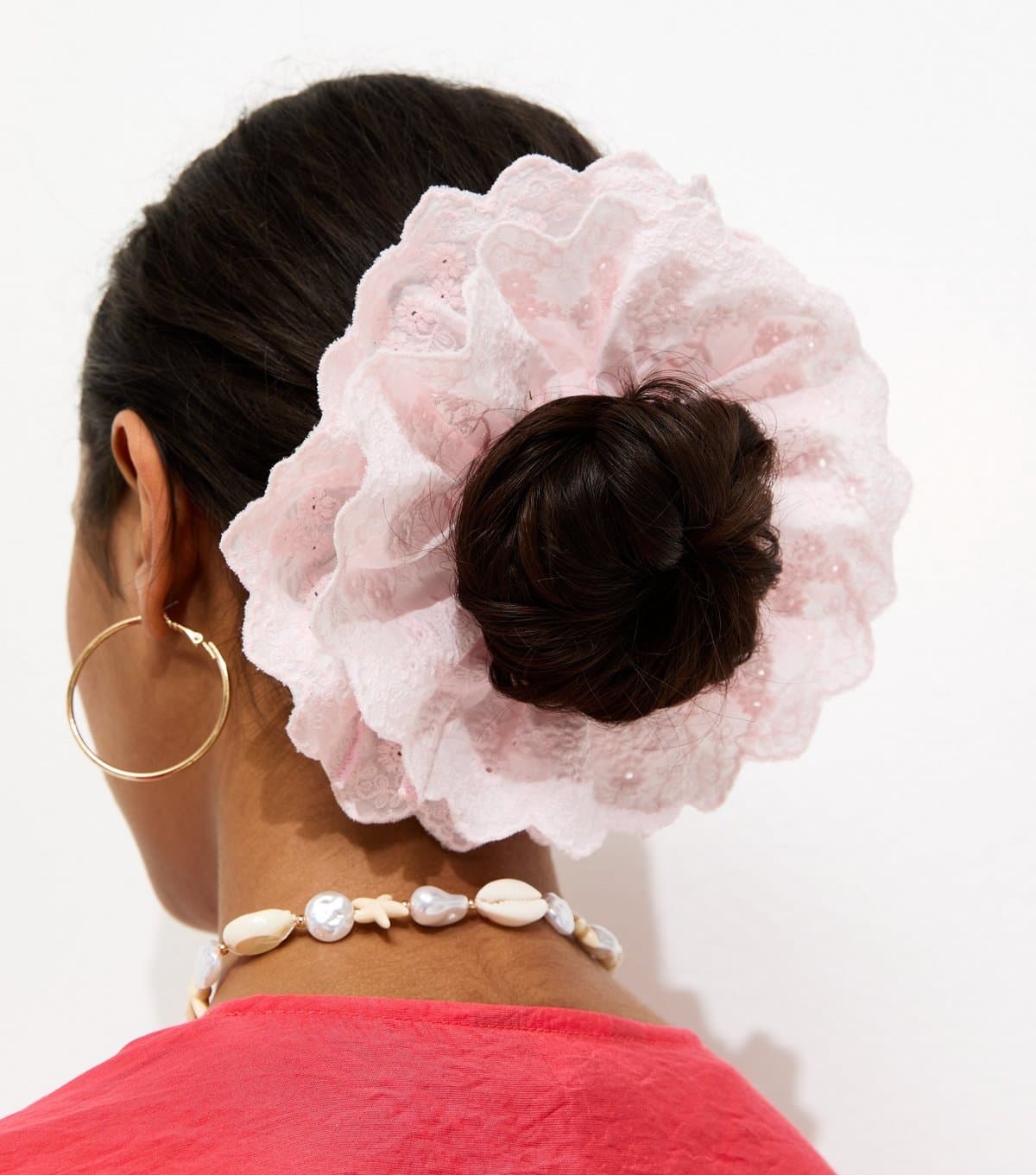 New Look Pink Oversized Broderie Anglaise Frilly Scrunchie New Look