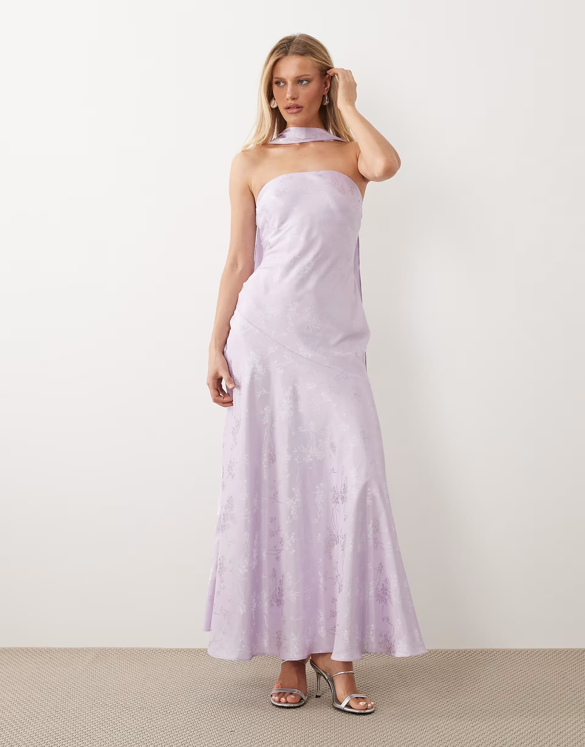 ASOS Rare London bandeau scarf detail structured satin floral jacquard maxi dress in lilac