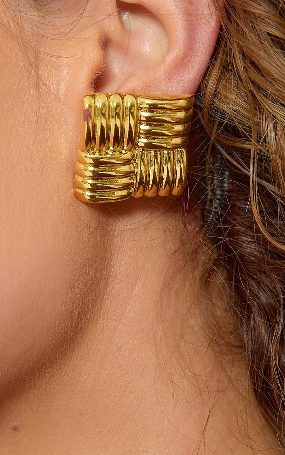 EGO Ribbed Detail Square Shaped Stud Earrings In Gold, Women's Size UK 0