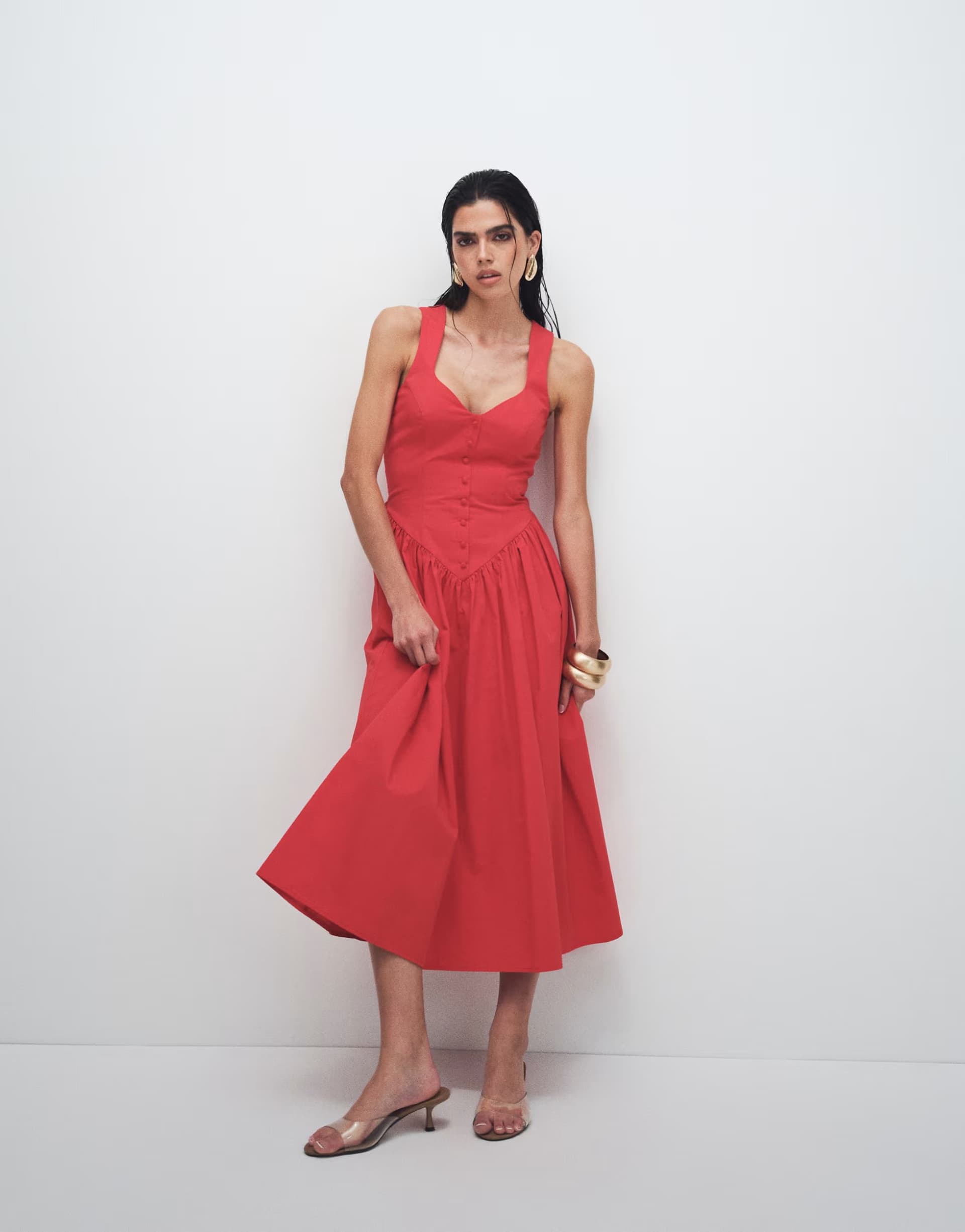 ASOS Kaiia exclusive cotton poplin sweetheart neckline button detail dropped v waist midi dress in red