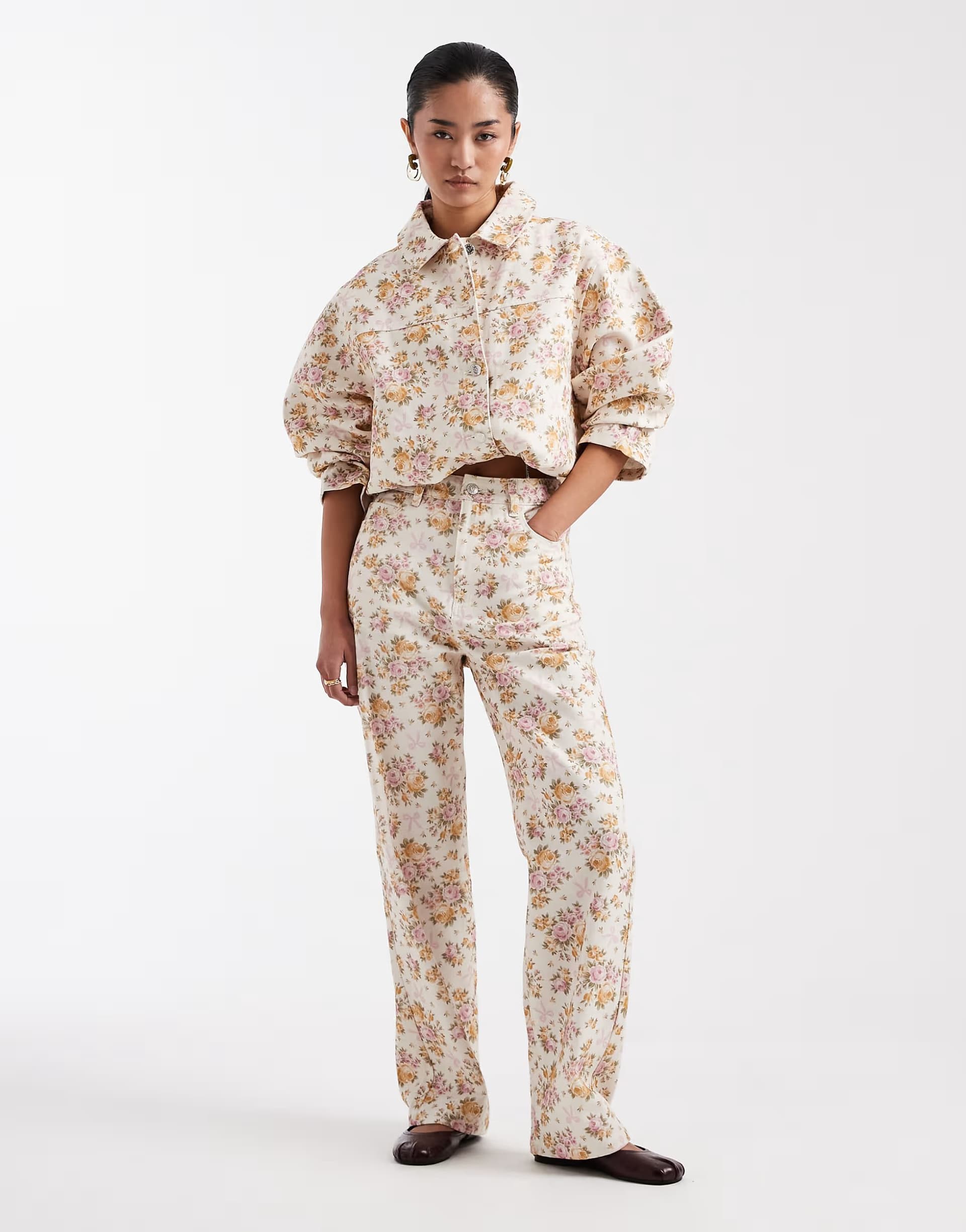 ASOS Miss Selfridge all over floral denim straight leg jean co ord