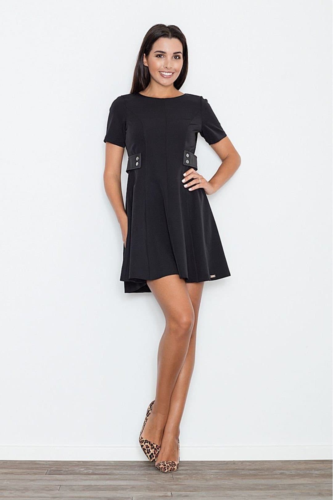 Love Lace Love Lace Women's Elegant Flared Day Dress With Leather Side Panels in Black