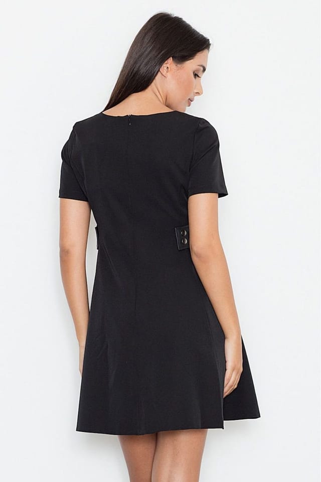 Love Lace Love Lace Women's Elegant Flared Day Dress With Leather Side Panels in Black - 2