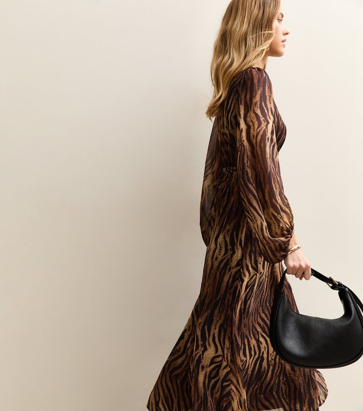 New Look Women's Brown Chiffon Zebra Print Long Sleeve Midi Dress New Look