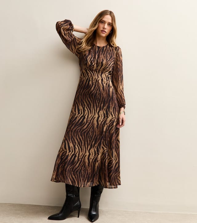 New Look Women's Brown Chiffon Zebra Print Long Sleeve Midi Dress New Look - 2