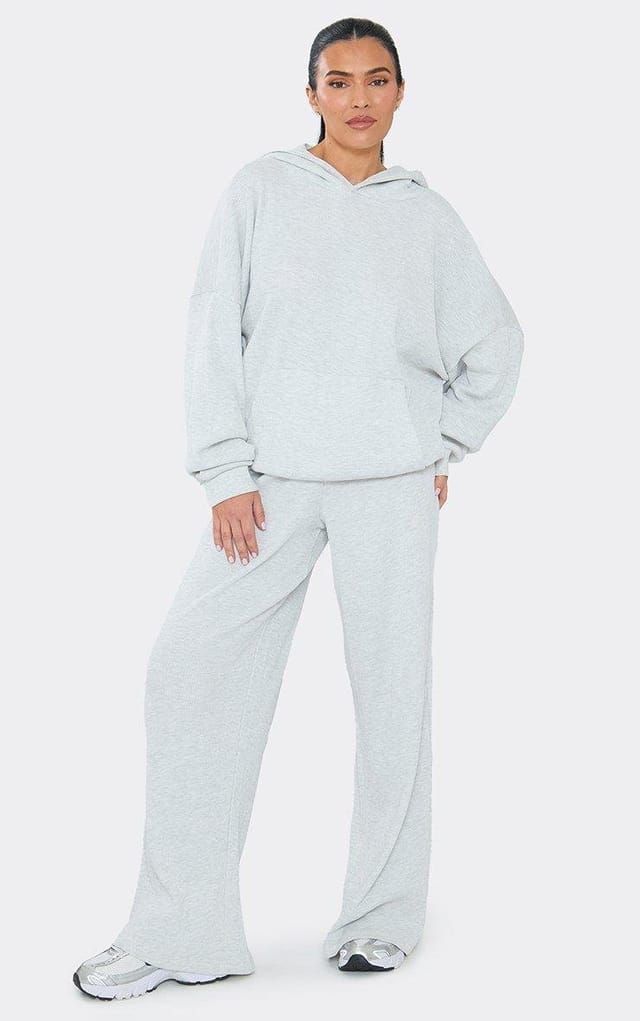 EGO Low Rise Straight Leg Joggers In Light Grey Marl Waffle, Women's Size UK 6 - 2