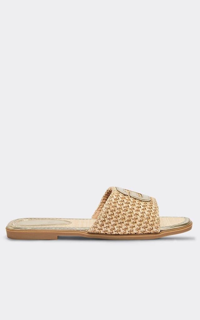 EGO Crush Logo Woven Detail Flat Slider Sandal In Gold Faux Leather, Women's Size UK 3 - 2
