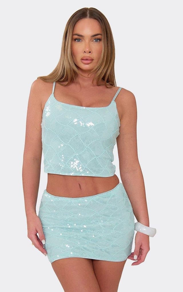 EGO Strappy Cami Top In Turquoise Textured Sequin, Women's Size UK L - 2