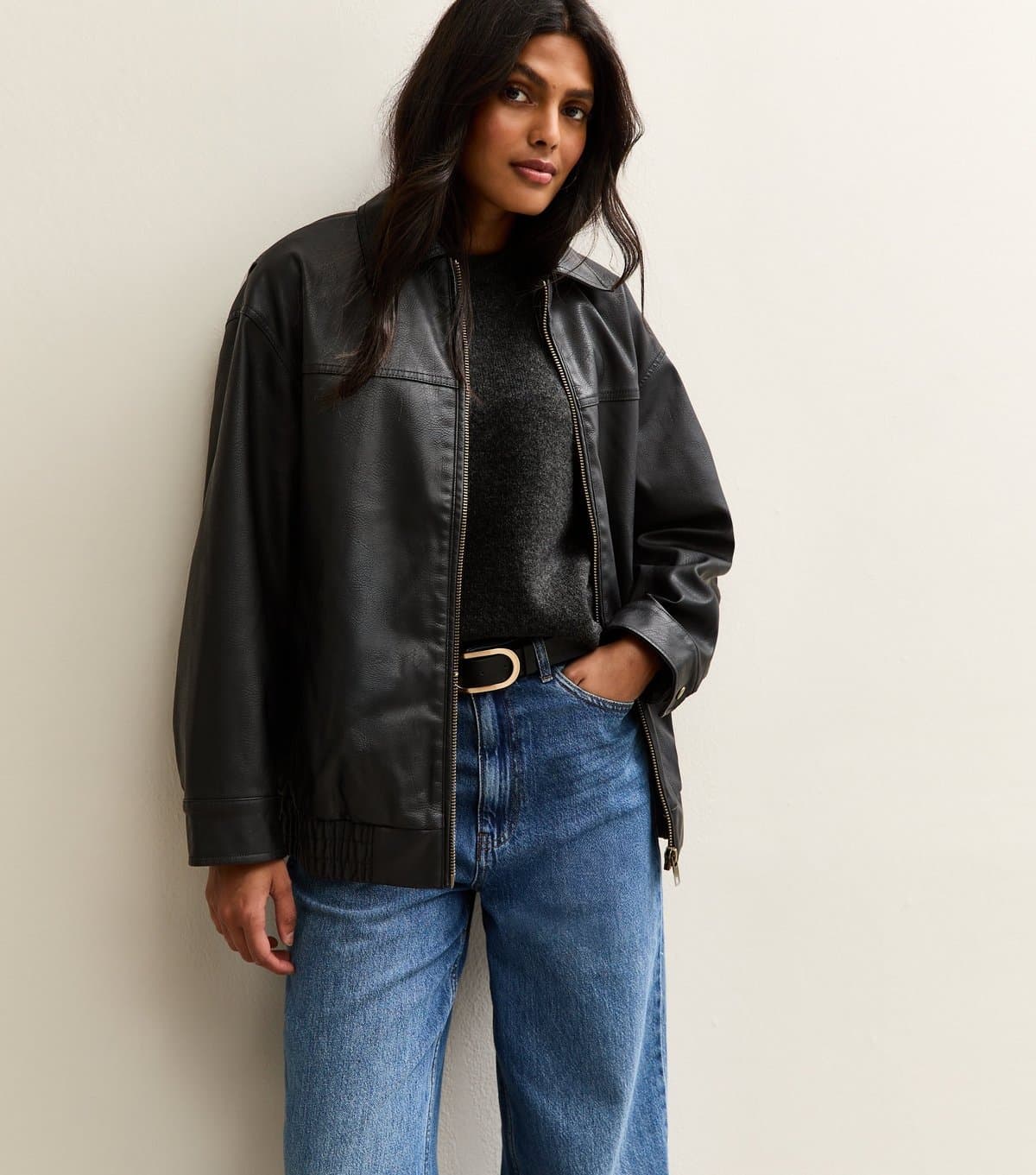 New Look Women's Black Oversized Washed Faux Leather Jacket New Look