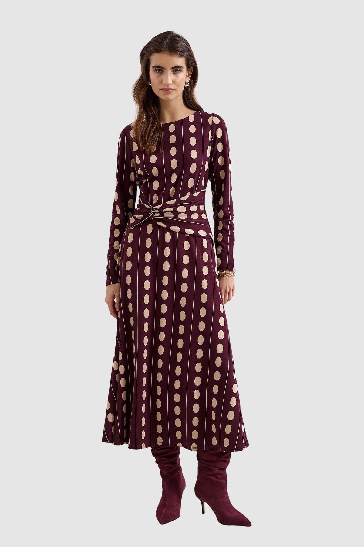 Phase Eight Phase Eight Women's Eugenie Spot Knot-Waist Midi Dress in Aubergine