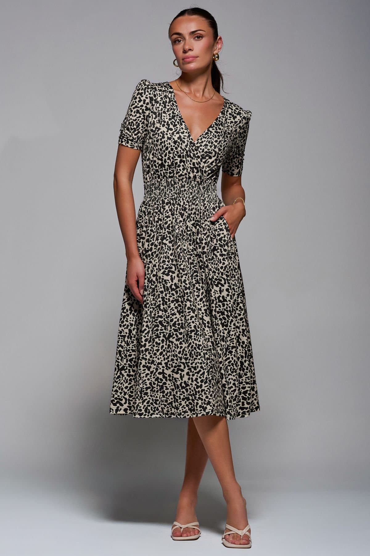 Jolie Moi Jolie Moi Women's Ruched Waist Drawstring Sleeve Midi Dres