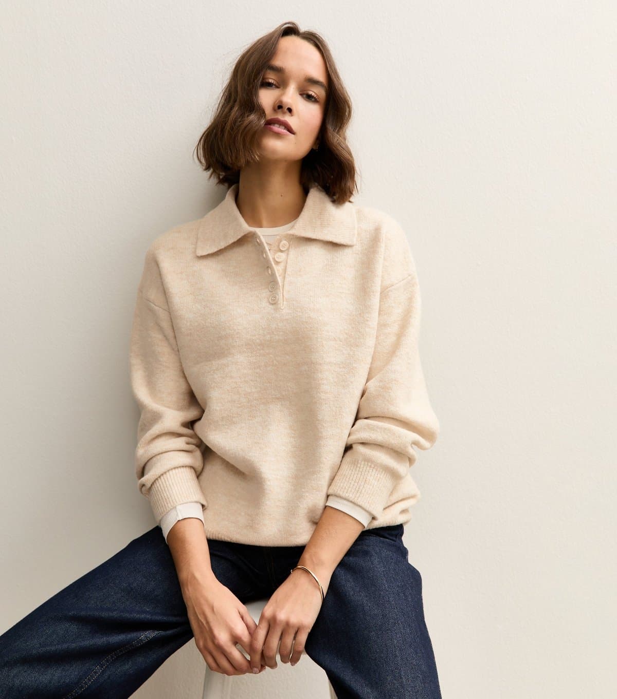 New Look Women's Oatmeal Brushed Knit Longline Polo Shirt New Look