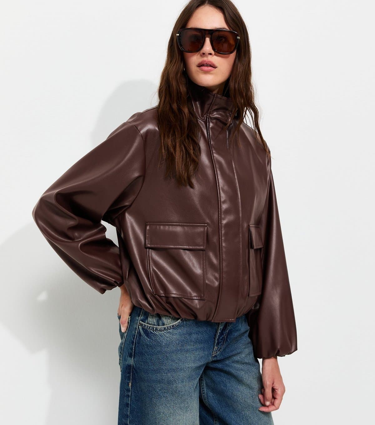 New Look Women's Dark Brown Faux Leather High Neck Jacket New Look
