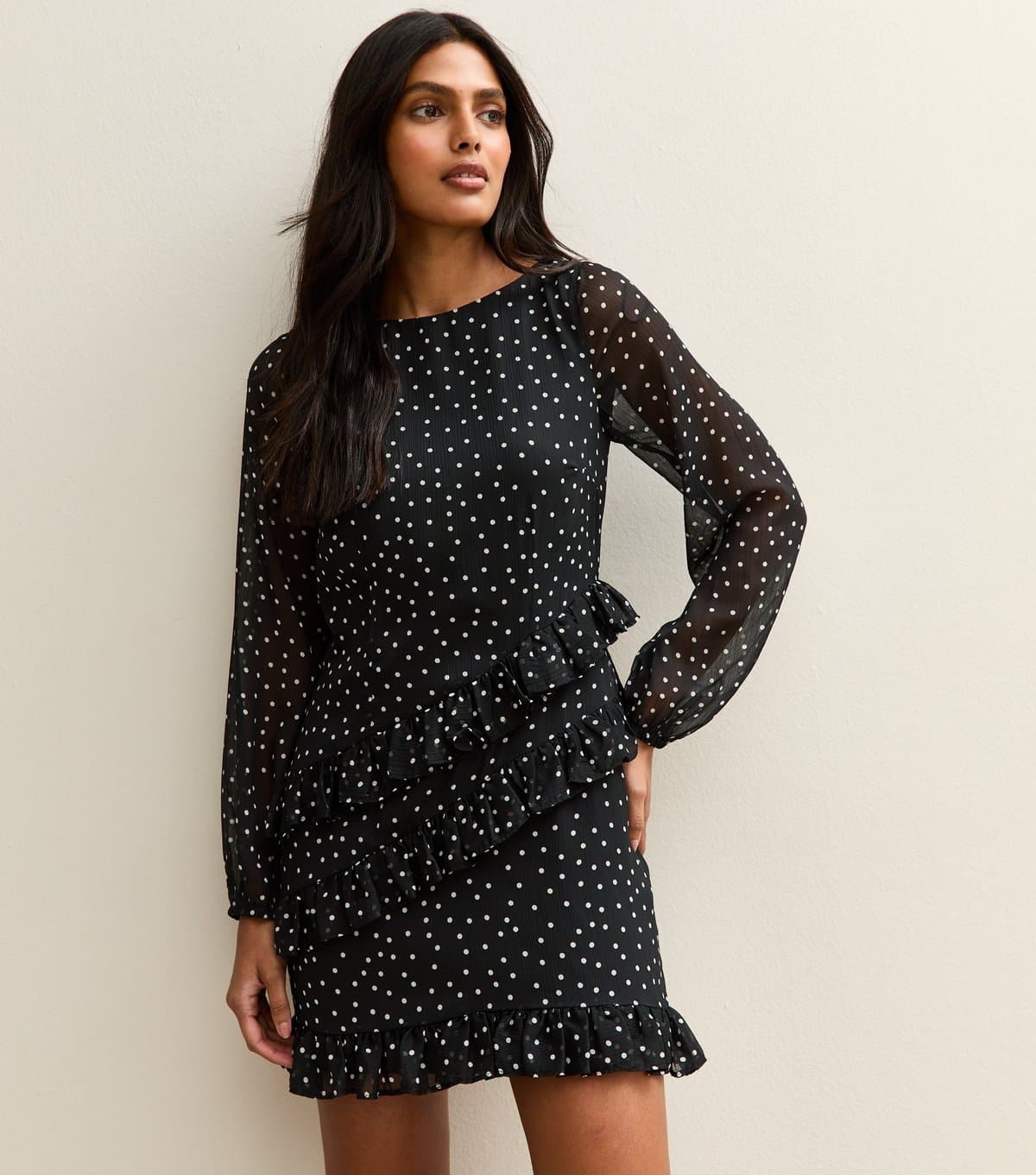 New Look Women's Black Polka Dot Print Chiffon Mini Dress New Look