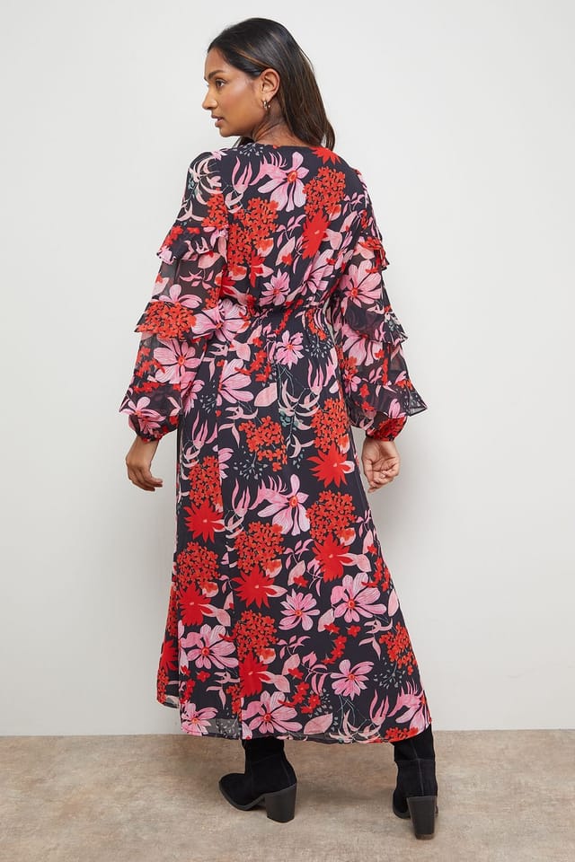 Oasis Oasis Women's Printed Lace Detail Frill Sleeve Midi Dress in Floral - 3