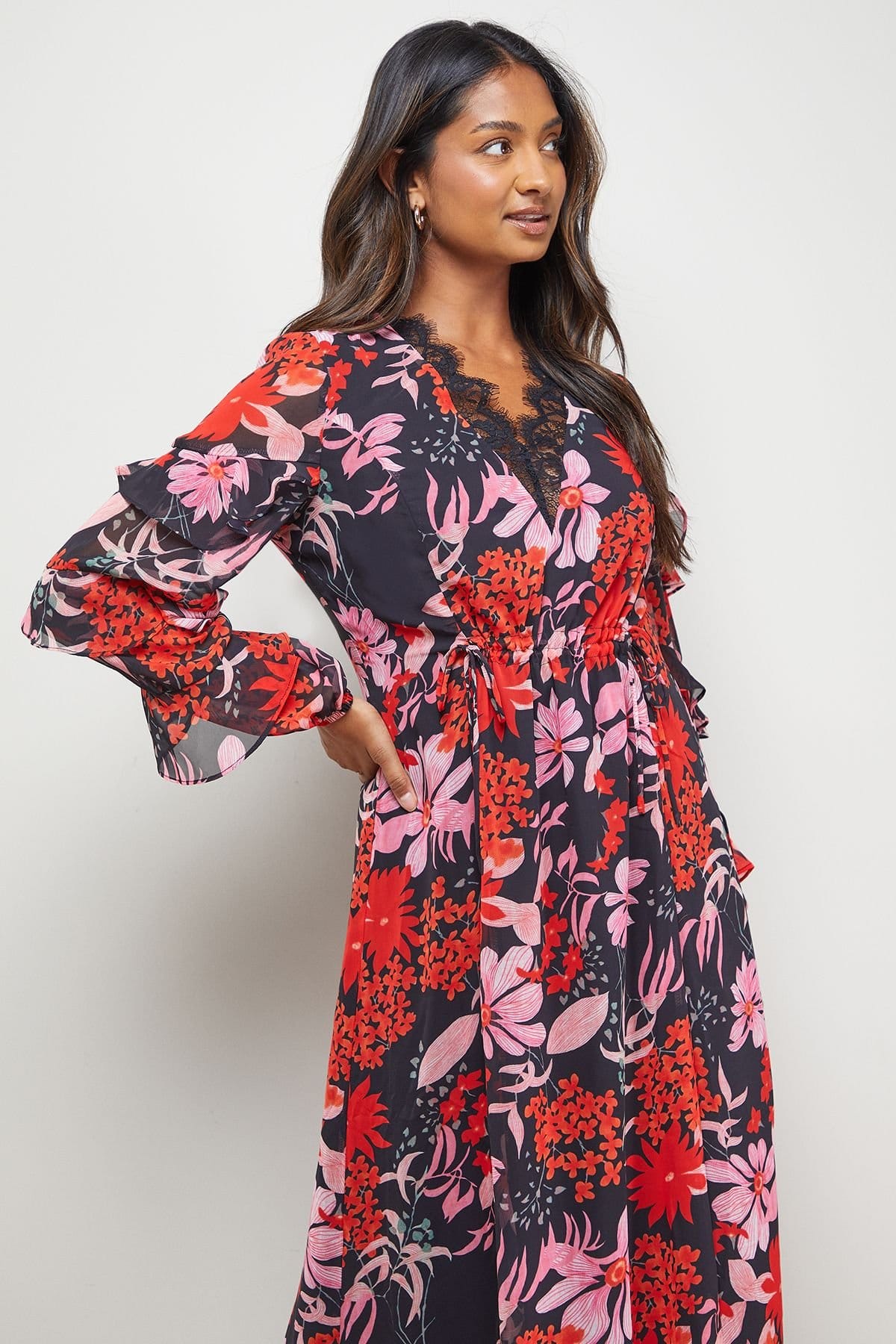 Oasis Oasis Women's Printed Lace Detail Frill Sleeve Midi Dress in Floral - 4