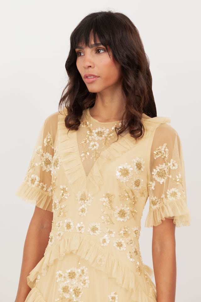 Maya Deluxe Maya Deluxe Women's Embellished Angel Sleeve Ruffle Maxi Dress in Yellow - 3