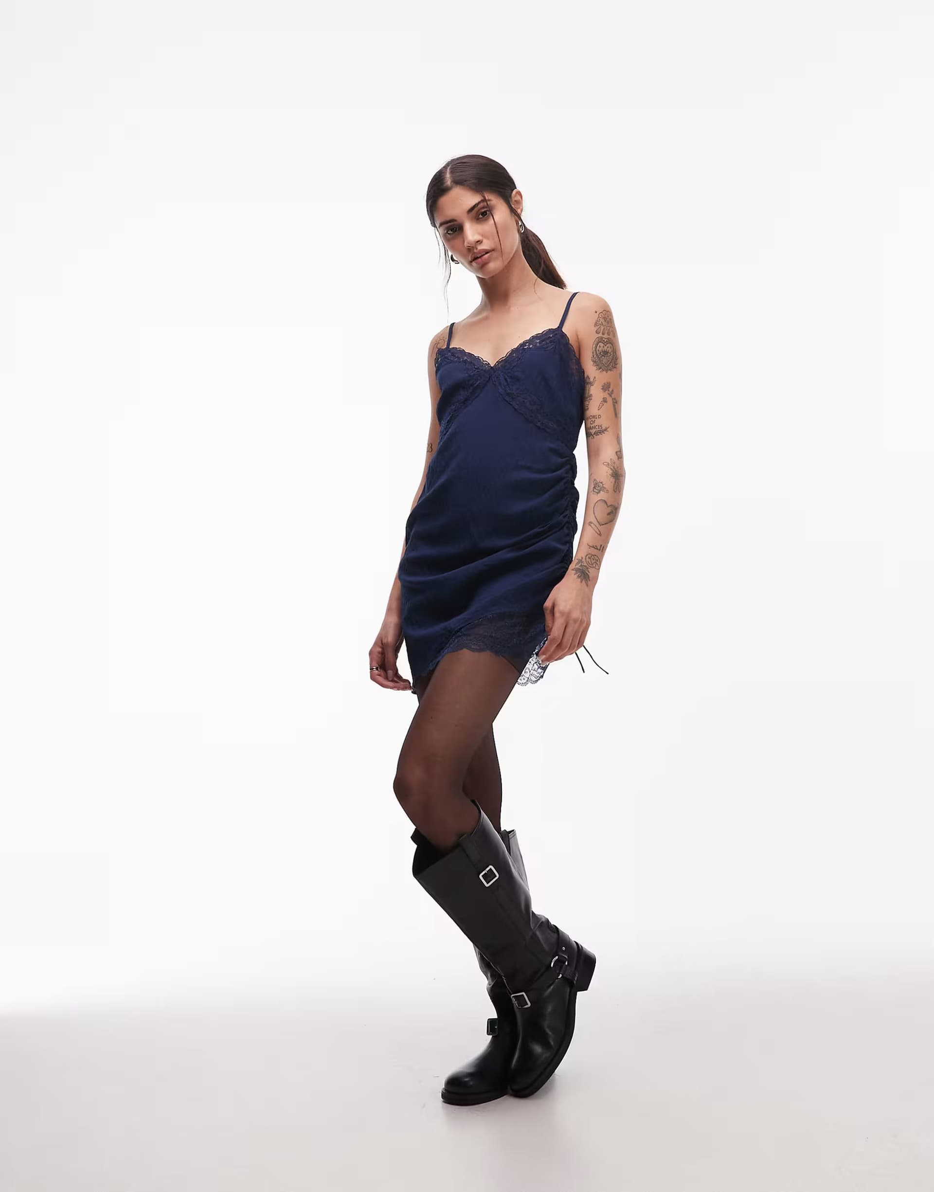 ASOS ASOS DESIGN cami lace trim satin slip mini dress in navy
