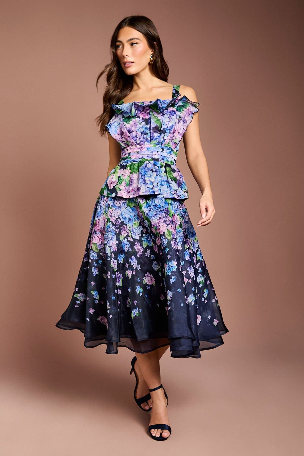 Coast Coast Women's Organza Floral Ruffle Fan Detail Top in Navy
