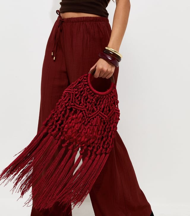 New Look Dark Burgundy Macrame Tassel Top Handle Bag New Look - 2
