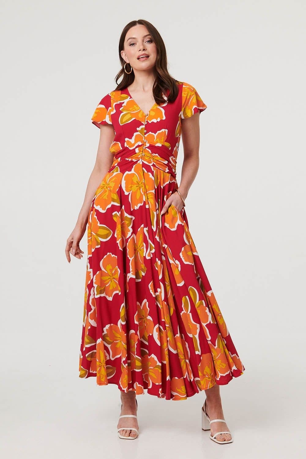 Izabel London Izabel London Women's Floral Cap Sleeve Relaxed Maxi Dress in Red