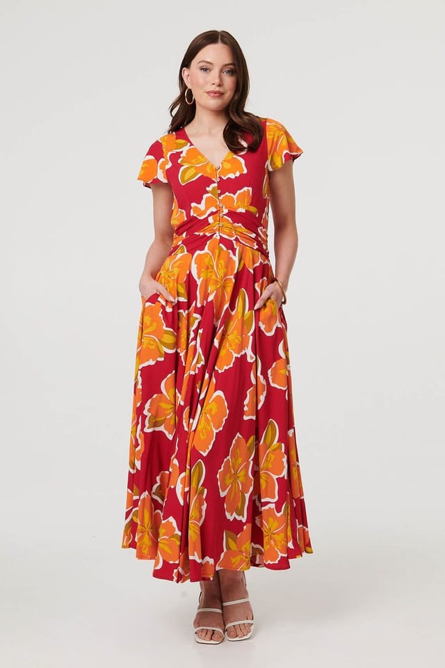 Izabel London Izabel London Women's Floral Cap Sleeve Relaxed Maxi Dress in Red - 2
