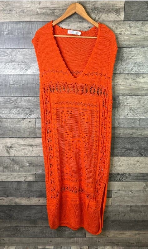 Free People Free People Emma Fauxchet Midi Dress Size Large Orange Crochet Summer Boho Long