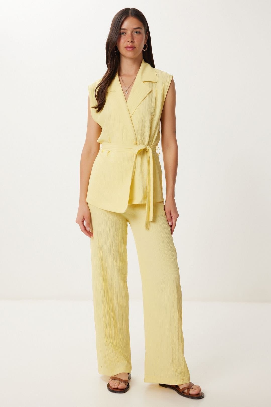 Happiness Istanbul Happiness Istanbul Women's High Waist Two-Piece Set with Shirt Collar & Wide Leg Pants in Lemon