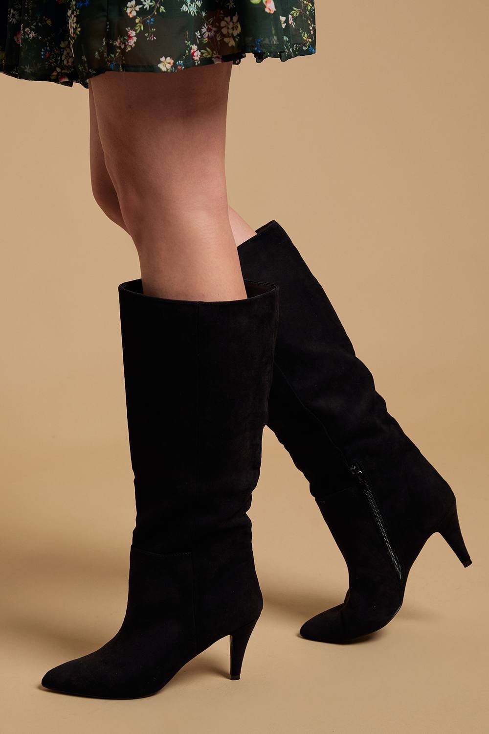 Oasis Oasis Women's Lilian Faux Suede Soft Point Medium Heel Pull On Knee Boots in Natural Black - 2