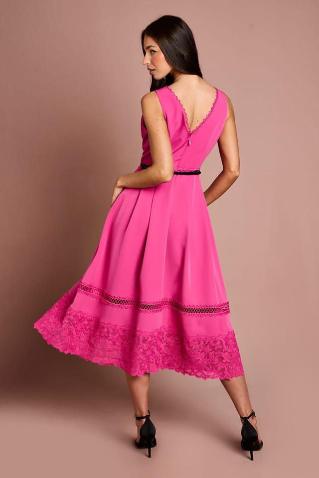 Coast Coast Women's V Neck Lace Trim Midi Dress in Pink - 3