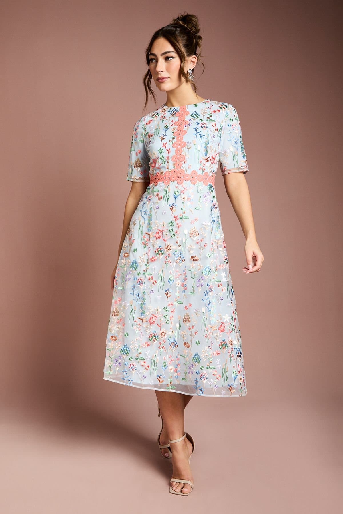 Coast Coast Women's Embroidered Floral With Laid On Lace Midi Dress in Light Blue