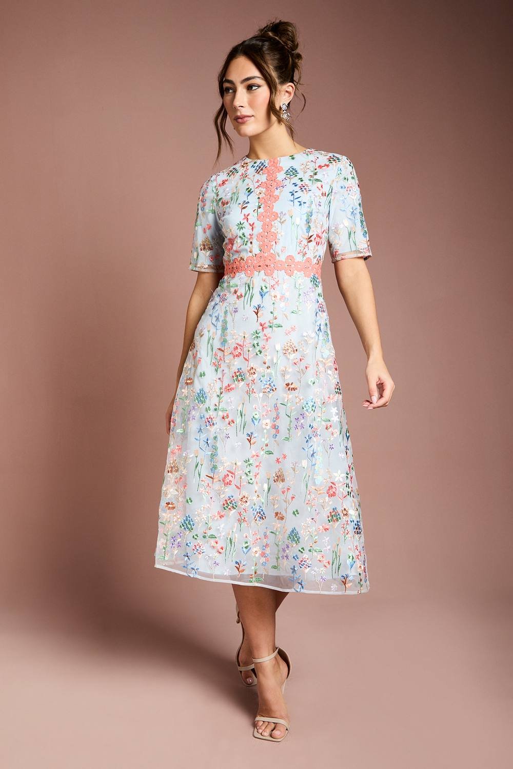 Coast Coast Women's Embroidered Floral With Laid On Lace Midi Dress in Light Blue - 2
