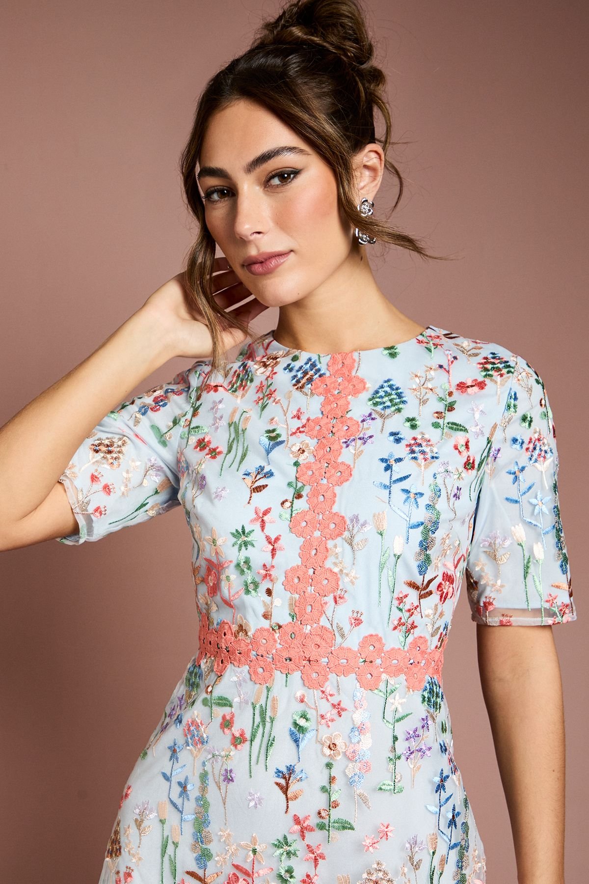 Coast Coast Women's Embroidered Floral With Laid On Lace Midi Dress in Light Blue - 4