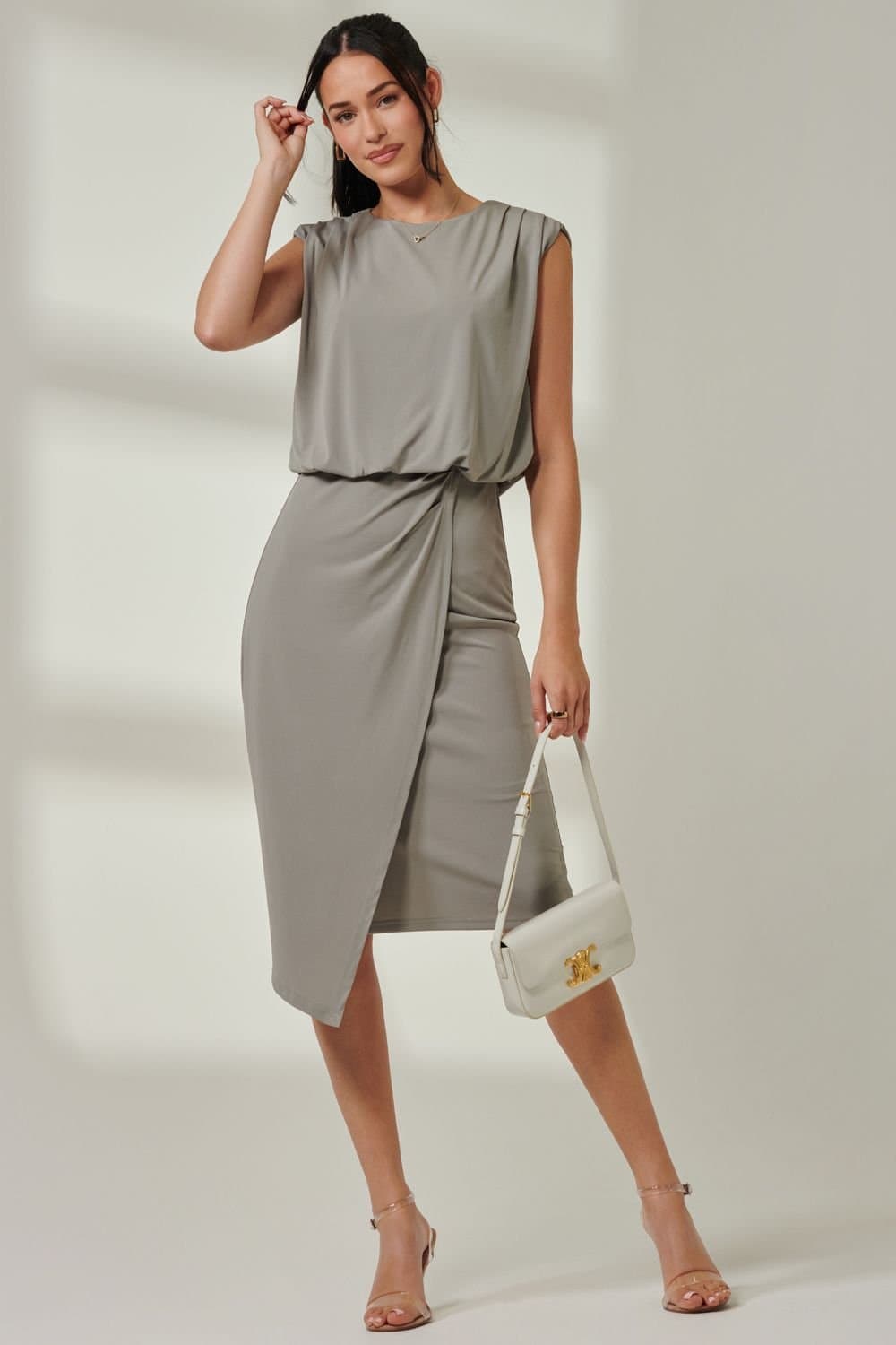 Jolie Moi Jolie Moi Women's Tiered Draped Pencil Dress in Light Khaki