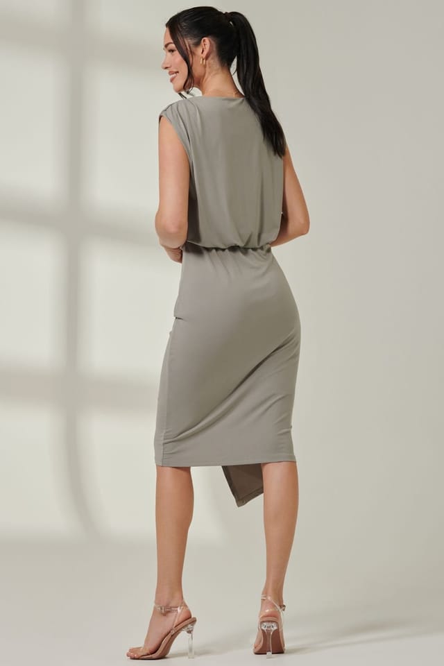 Jolie Moi Jolie Moi Women's Tiered Draped Pencil Dress in Light Khaki - 2